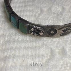 VTG Fred Harvey Era Navajo Lizard Stamped Turquoise 93% Silver Cuff Bracelet