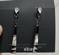 VTG M. Noche Inlaid Sterling Turquoise Coral Onyx Dangle Post Earrings Tested