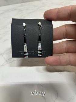 VTG M. Noche Inlaid Sterling Turquoise Coral Onyx Dangle Post Earrings Tested