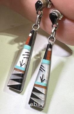 VTG M. Noche Zuni Inlaid Sterling Turquoise Coral Onyx MOP Dangle Post Earrings