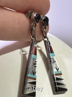 VTG M. Noche Zuni Inlaid Sterling Turquoise Coral Onyx MOP Dangle Post Earrings