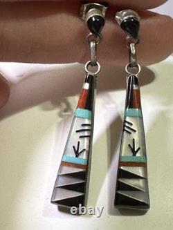 VTG M. Noche Zuni Inlaid Sterling Turquoise Coral Onyx MOP Dangle Post Earrings