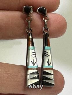 VTG M. Noche Zuni Inlaid Sterling Turquoise Coral Onyx MOP Dangle Post Earrings