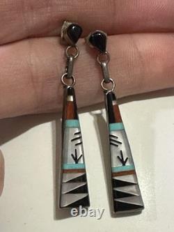 VTG M. Noche Zuni Inlaid Sterling Turquoise Coral Onyx MOP Dangle Post Earrings