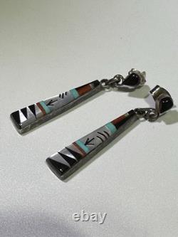 VTG M. Noche Zuni Inlaid Sterling Turquoise Coral Onyx MOP Dangle Post Earrings