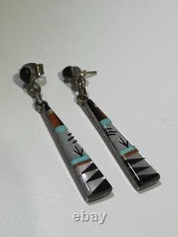 VTG M. Noche Zuni Inlaid Sterling Turquoise Coral Onyx MOP Dangle Post Earrings