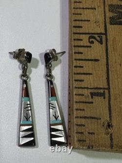 VTG M. Noche Zuni Inlaid Sterling Turquoise Coral Onyx MOP Dangle Post Earrings