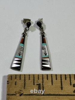VTG M. Noche Zuni Inlaid Sterling Turquoise Coral Onyx MOP Dangle Post Earrings