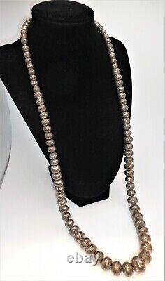 VTG NAVAJO PEARLS STERLING SILVER BENCH BEAD STAMP WORK NECKLACE 30 96.4g