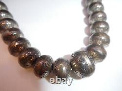 VTG NAVAJO PEARLS STERLING SILVER BENCH BEAD STAMP WORK NECKLACE 30 96.4g