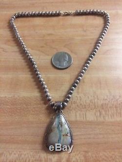 VTG Native Am Navajo Ribbon Turquoise Pendant Sterling Silver Bead Necklace 925