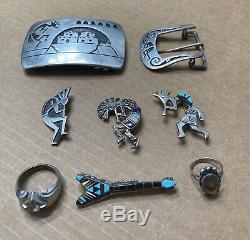 VTG Native American Jewelry, Sterling Silver Kokopelli, Buckles, brooches Ring Lot