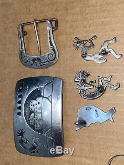 VTG Native American Jewelry, Sterling Silver Kokopelli, Buckles, brooches Ring Lot