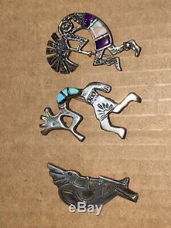 VTG Native American Jewelry, Sterling Silver Kokopelli, Buckles, brooches Ring Lot