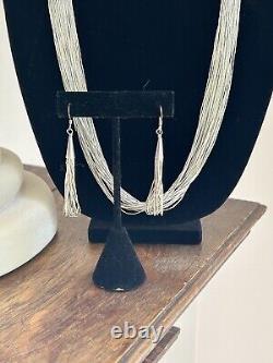 VTG Native American Liquid Silver 30 Strand Necklace Earrings Set SIGNED Navajo