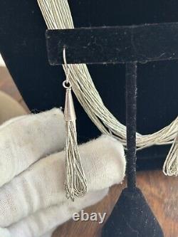 VTG Native American Liquid Silver 30 Strand Necklace Earrings Set SIGNED Navajo