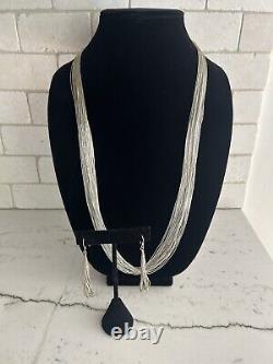 VTG Native American Liquid Silver 30 Strand Necklace Earrings Set SIGNED Navajo