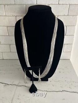 VTG Native American Liquid Silver 30 Strand Necklace Earrings Set SIGNED Navajo