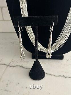 VTG Native American Liquid Silver 30 Strand Necklace Earrings Set SIGNED Navajo