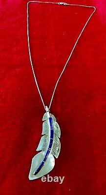 VTG Native American Navajo Pendant Necklace Lapis Lazuli Inlay Feather Sterling