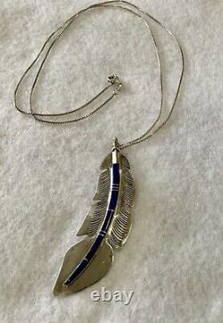 VTG Native American Navajo Pendant Necklace Lapis Lazuli Inlay Feather Sterling