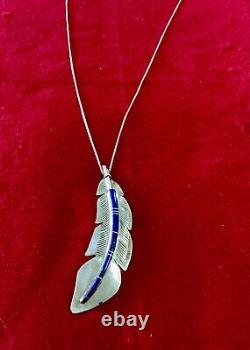 VTG Native American Navajo Pendant Necklace Lapis Lazuli Inlay Feather Sterling