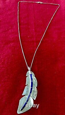 VTG Native American Navajo Pendant Necklace Lapis Lazuli Inlay Feather Sterling