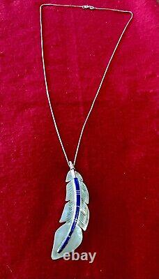 VTG Native American Navajo Pendant Necklace Lapis Lazuli Inlay Feather Sterling