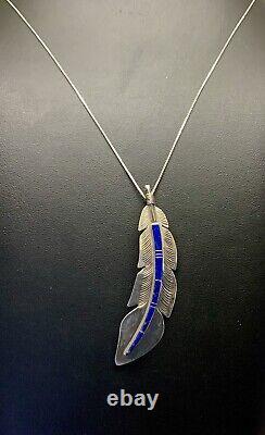 VTG Native American Navajo Pendant Necklace Lapis Lazuli Inlay Feather Sterling