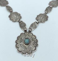 VTG Native American Navajo Sterling Silver Turquoise Concho Necklace 28g #g54