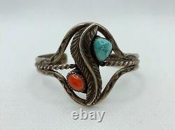 VTG Native American Navajo Sterling Silver Turquoise Coral Cuff Bracelet 24.3g
