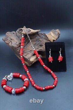 VTG Native American RED CORAL HEISHI & 925 SET NECKLACE EARRINGS & BRACELET