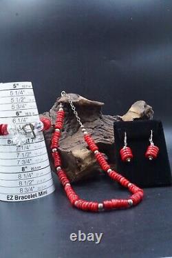 VTG Native American RED CORAL HEISHI & 925 SET NECKLACE EARRINGS & BRACELET