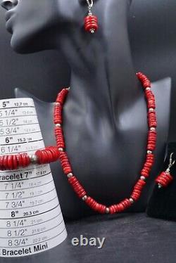 VTG Native American RED CORAL HEISHI & 925 SET NECKLACE EARRINGS & BRACELET