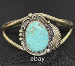 VTG Native American Sterling Silver Oval Turquoise Cuff Bracelet Leaf Motif BC