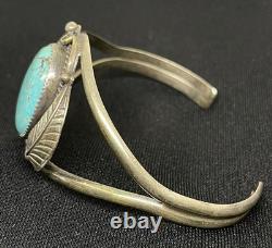 VTG Native American Sterling Silver Oval Turquoise Cuff Bracelet Leaf Motif BC