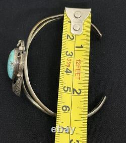 VTG Native American Sterling Silver Oval Turquoise Cuff Bracelet Leaf Motif BC