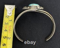 VTG Native American Sterling Silver Oval Turquoise Cuff Bracelet Leaf Motif BC