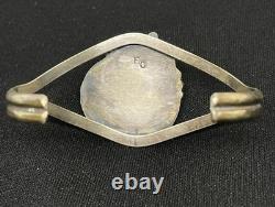 VTG Native American Sterling Silver Oval Turquoise Cuff Bracelet Leaf Motif BC