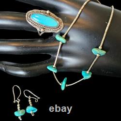 VTG Native American Sterling Silver Turquoise 5 Nugget Necklace Ring Earring Set