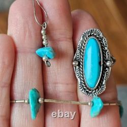 VTG Native American Sterling Silver Turquoise 5 Nugget Necklace Ring Earring Set