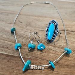 VTG Native American Sterling Silver Turquoise 5 Nugget Necklace Ring Earring Set