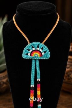 VTG Native American Style Hand Beaded Rainbow Sunburst Bolo Tie