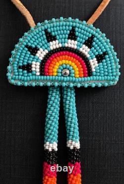 VTG Native American Style Hand Beaded Rainbow Sunburst Bolo Tie