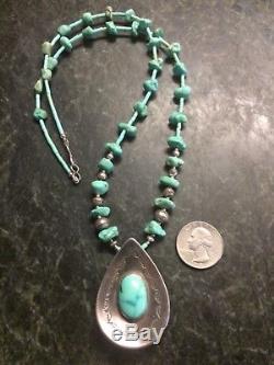 VTG Native American Turquoise Sterling Silver Necklace with Large Pendant RTS