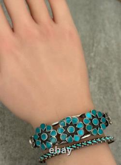 VTG Native American ZUNI KAAMASEE Needlepoint Turquoise Sterling Bracelet Sz6.5