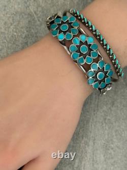 VTG Native American ZUNI KAAMASEE Needlepoint Turquoise Sterling Bracelet Sz6.5
