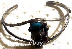 VTG Native Navajo Cuff BRACELET Silver w Turquoise & Coral Stones Signed BW