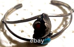 VTG Native Navajo Cuff BRACELET Silver w Turquoise & Coral Stones Signed BW