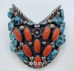 VTG Native Navajo Sterling Silver Turquoise Coral Opal Cuff Bracelet 177g